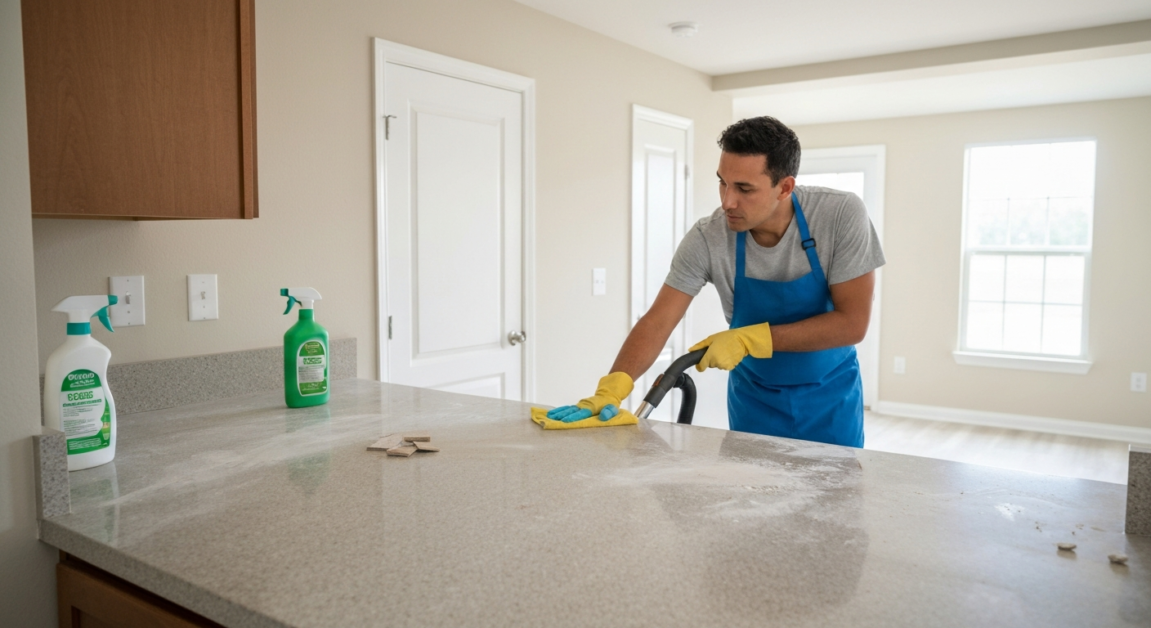 Professional cleaner removing dust and debris in an Orlando residence, ensuring inspection-ready results.