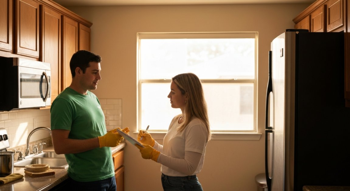 Client and professional cleaner discussing specific cleaning needs in an Orlando rental property's kitchen