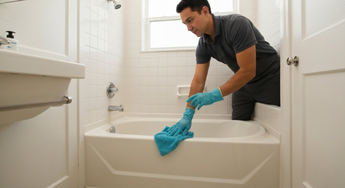 Professional cleaner scrubbing an Orlando rental property bathroom's bathtub for a move-out