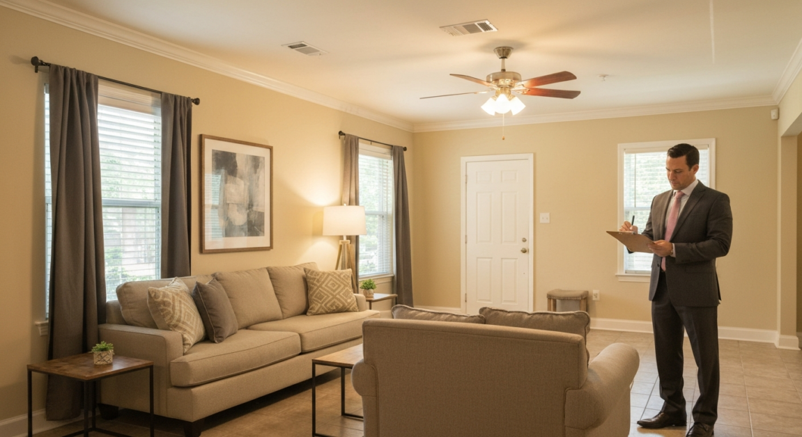 Inspection-ready living room in an Orlando rental property after professional cleaning service