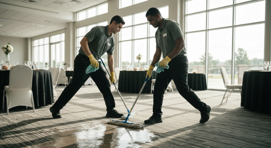 Professional cleaners swiftly removing a spill post-event in an Orlando venue.