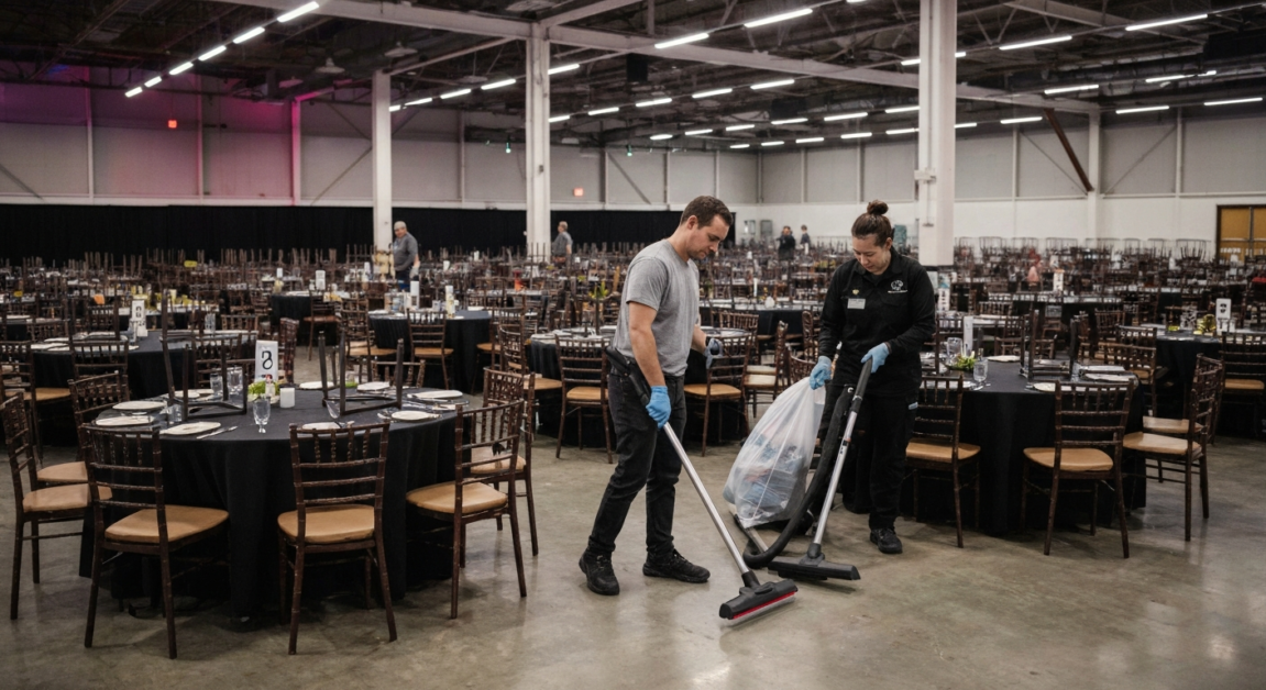 Cleaning crew preparing equipment in an Orlando event space post-event.