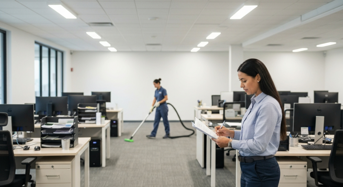 Cleaner vacuuming and manager inspecting checklists in Orlando office