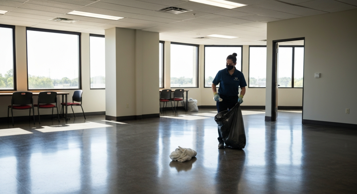Cleaner performing trash removal and surface wiping in an Orlando office used for events.