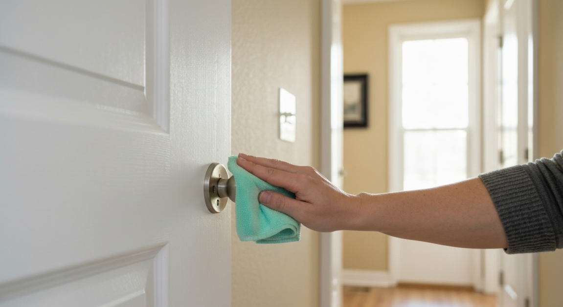 Cleaning high-touch areas like doorknobs for hygiene in an Orlando home
