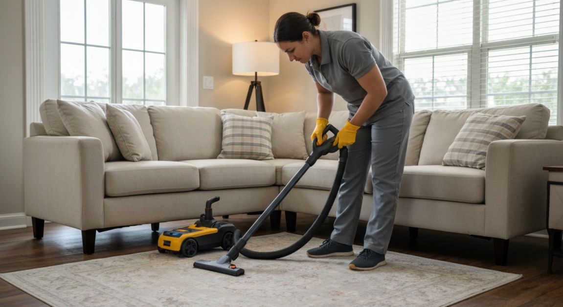 Deep clean in living room with professional vacuum under couch in Orlando