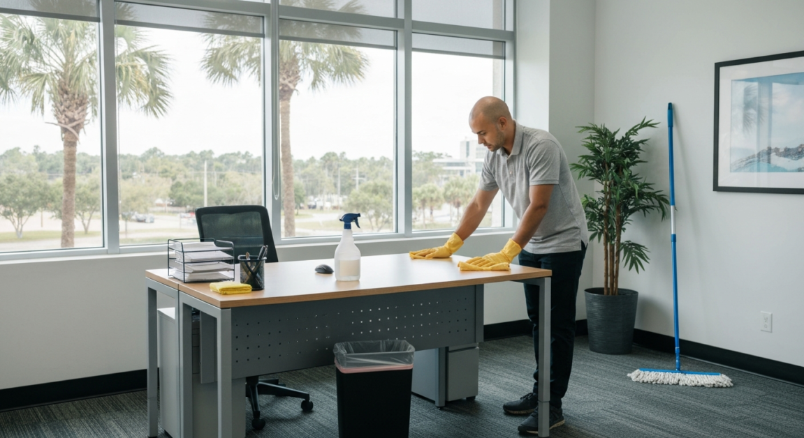 Orlando office cleaning by All Great Cleaner – Professional Cleaning Services, featuring organized supplies and inspection-ready surfaces.
