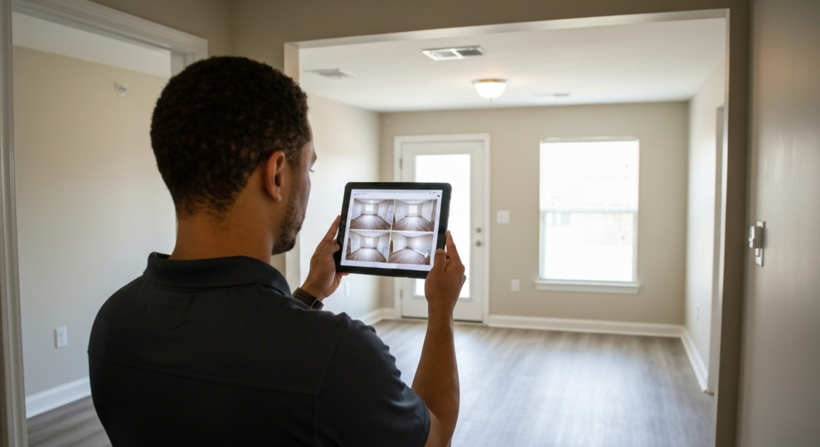 Property manager in Orlando taking photos with a tablet for cleaning quote assessment.