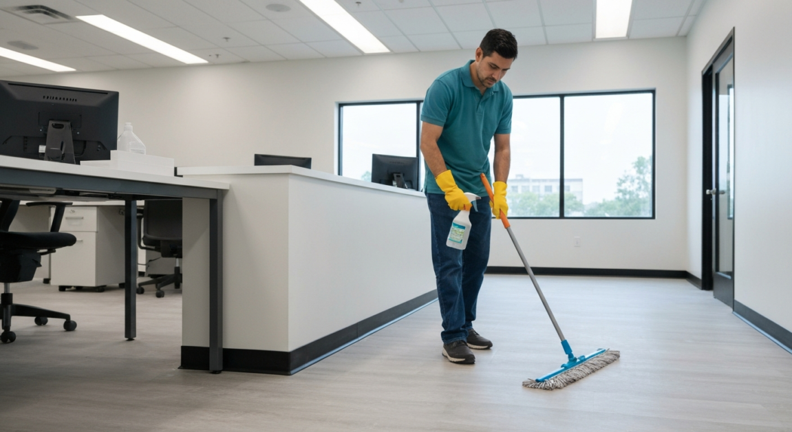 Professional cleaner working in an Orlando office post-renovation cleanup.