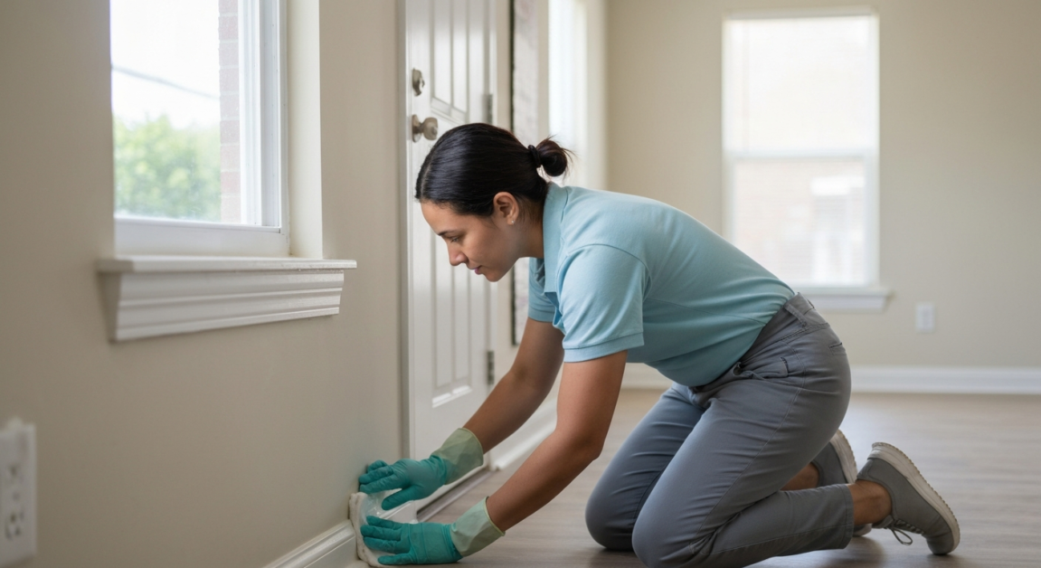 Professional cleaner scrubbing baseboards in an Orlando rental property, exemplifying move-out cleaning thoroughness.