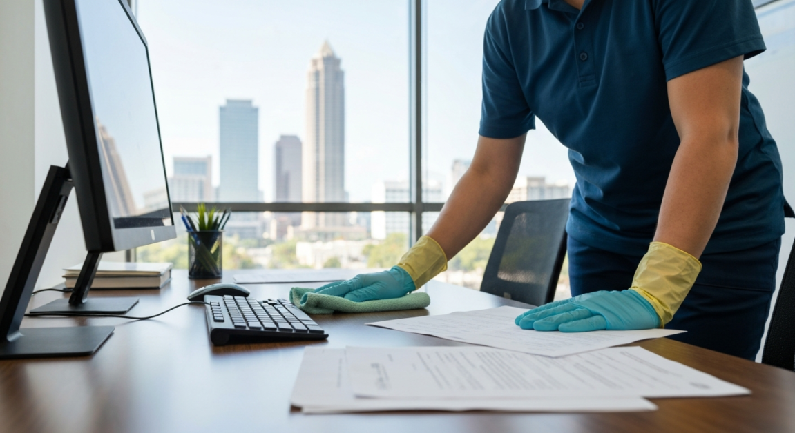 Professional cleaner disinfecting high-touch surfaces in an Orlando office with a microfiber cloth.
