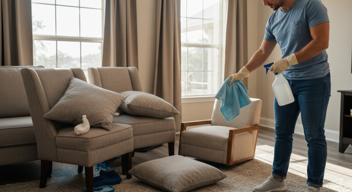 Professional cleaner tidying up a living room after an event in Orlando, showcasing cleaning in progress.