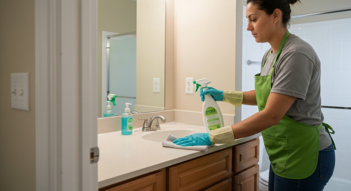 Cleaner wiping down a bathroom sink in an Orlando apartment for guest readiness.