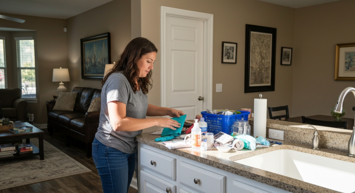 Homeowner clearing clutter and securing valuables before a cleaning session in Orlando.