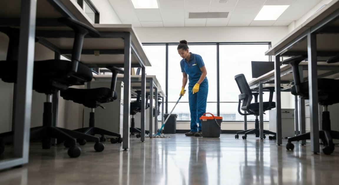 Professional cleaner scrubbing floors in an Orlando office, demonstrating weekly deep cleaning tasks.