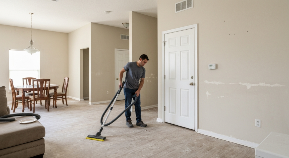 Professional cleaner vacuuming a spacious living room in Orlando home with slight clutter and wear.