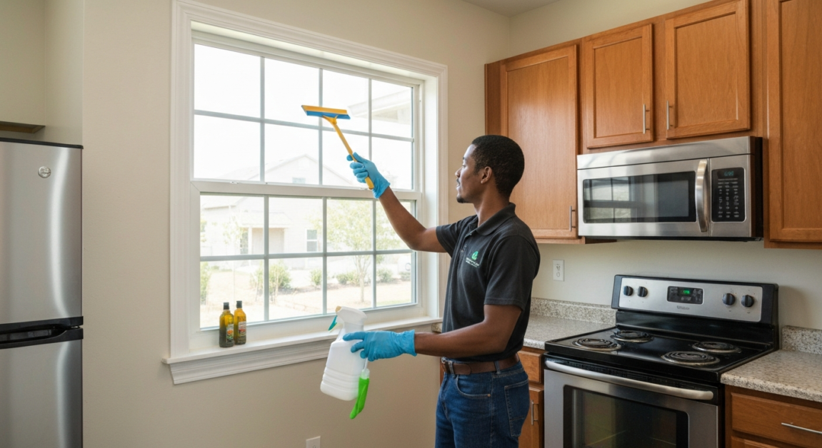 Cleaner using eco-friendly products on Orlando apartment window, appliance cleaning implied.
