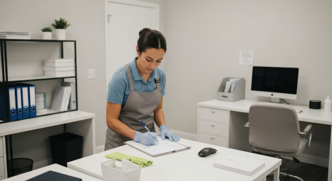 Orlando cleaner completing a checklist in a home office, emphasizing thorough professional service.