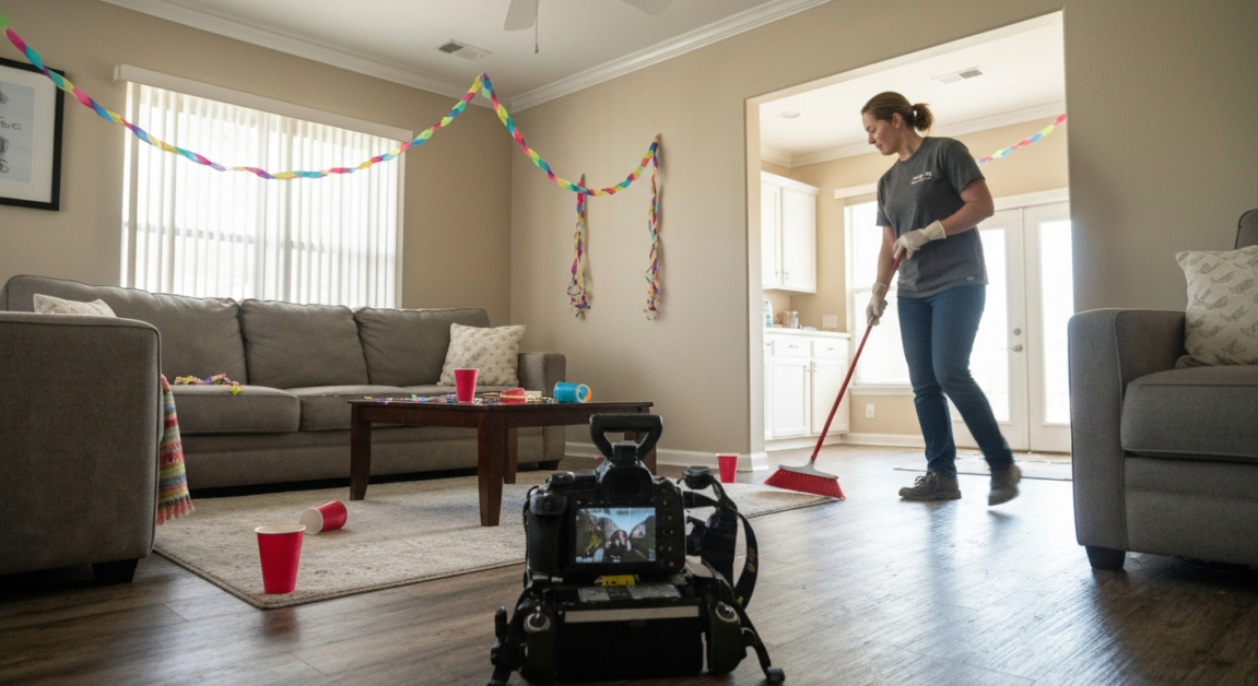 Professional cleaner sweeping confetti and trash in Orlando home after an event
