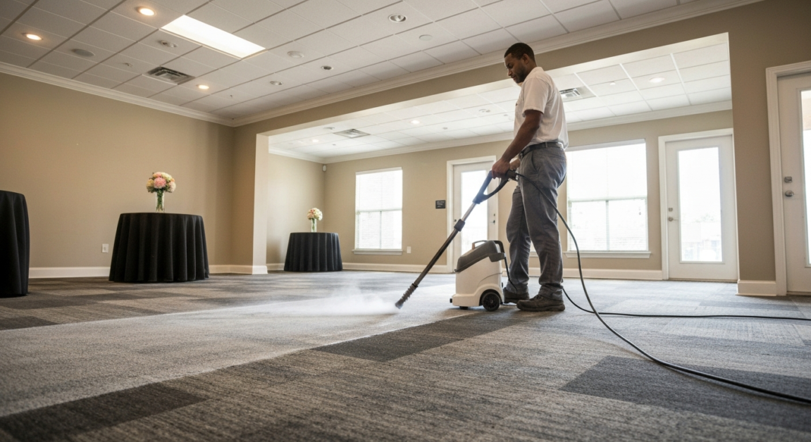 Cleaner using a carpet steamer in Orlando event space for post-party cleaning