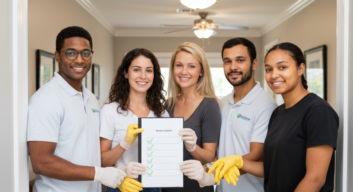 Orlando cleaning team reviewing a checklist in a rental property for quality assurance