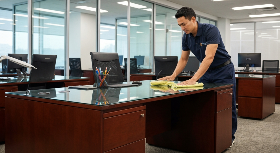 Orlando office furniture polished during monthly deep cleaning, with final inspection-ready finishes.