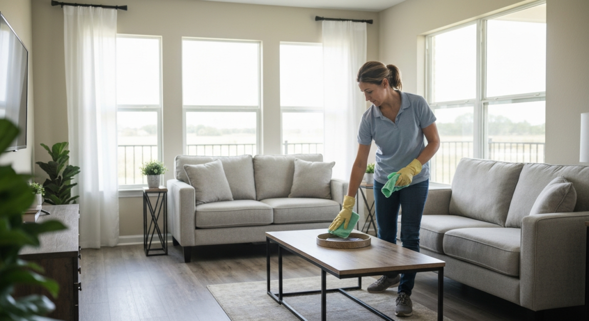 Professional cleaner tidying a bright Orlando living room, highlighting efficiency and stress-free living.