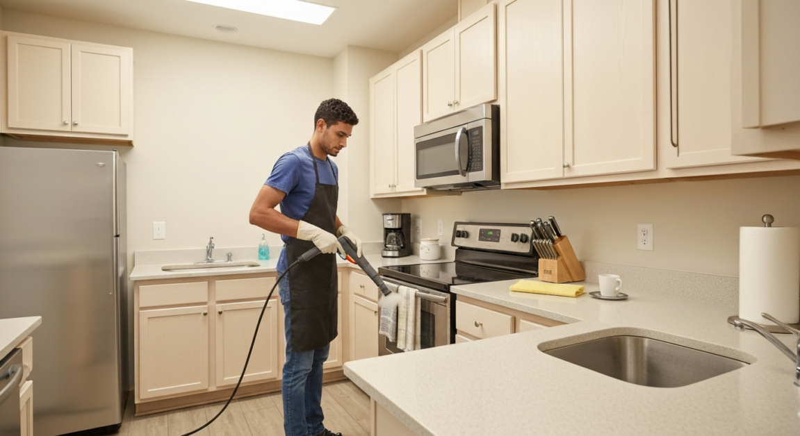 Professional cleaner using advanced equipment in an Orlando kitchen, achieving superior results.
