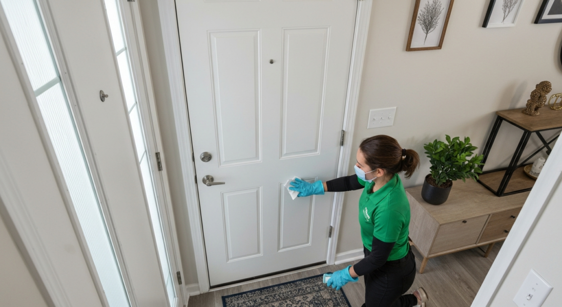 Professional cleaner disinfecting door handles and switches in an Orlando home, emphasizing health-focused cleaning.