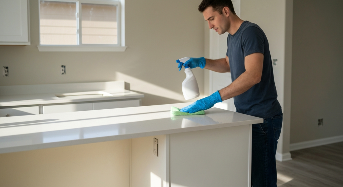 Professional cleaner using non-toxic products on a new Orlando kitchen counter