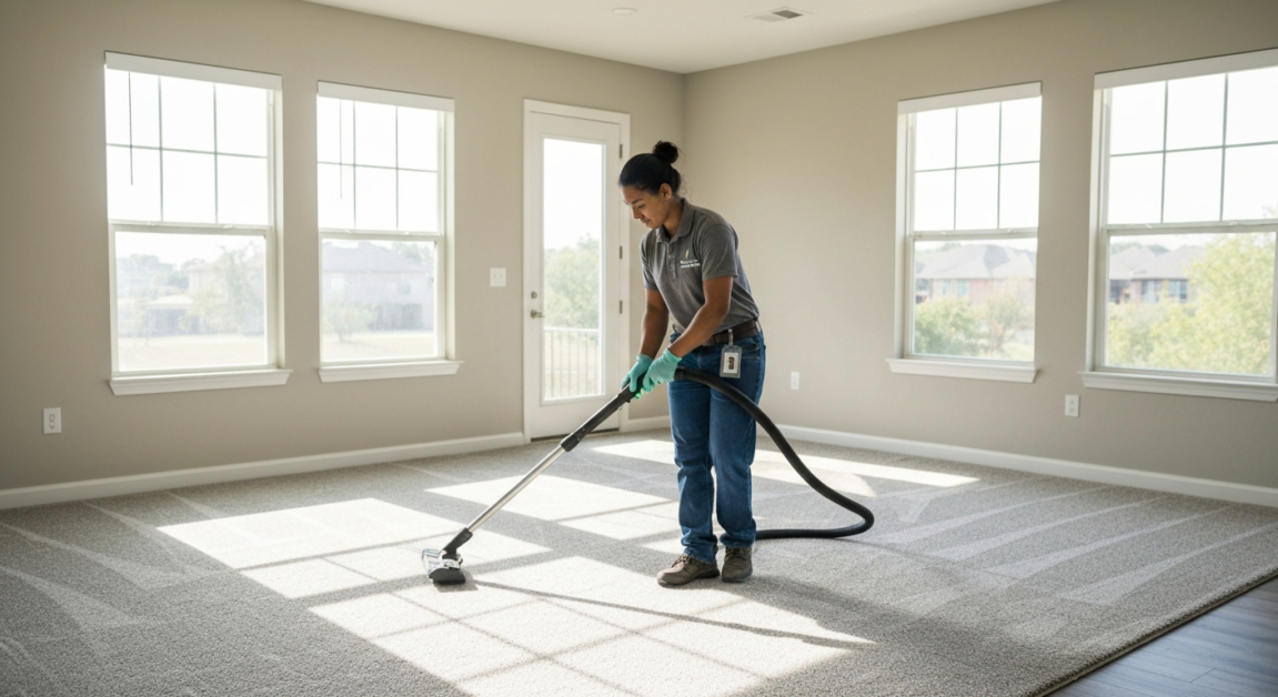 Insured professional cleaner vacuuming a newly finished Orlando home