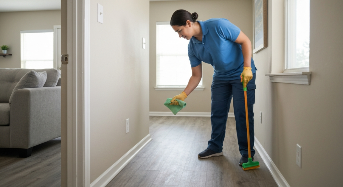 Professional cleaner in Orlando apartment using checklist for move-out cleaning, focusing on baseboards and molding.