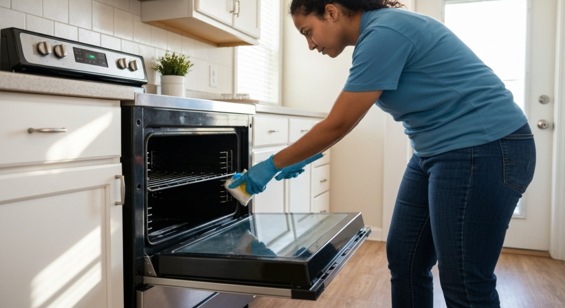 Professional cleaner in Orlando home deep-cleaning an oven, focusing on sparkling appliance surfaces.