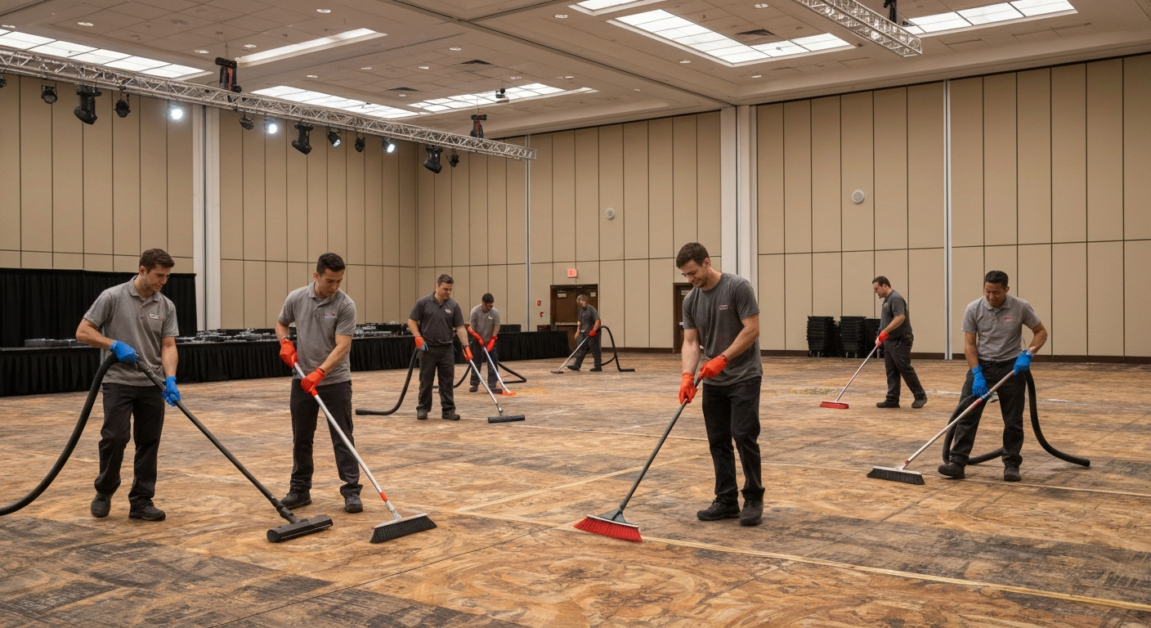 Professional cleaning team in action at an Orlando event space, using vacuums and dusters during cleanup.