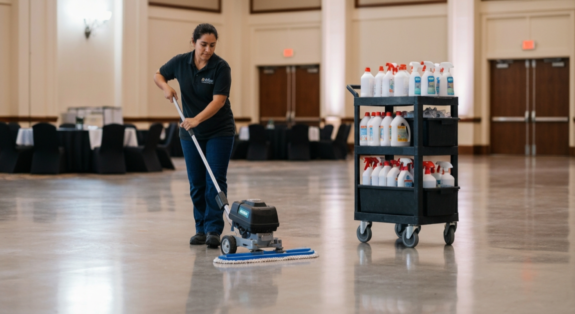Cleaner using a floor buffer and organized cleaning supplies in an Orlando ballroom, ensuring spotless results.