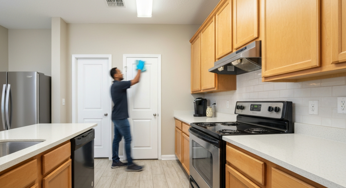 A sparkling clean kitchen in an Orlando rental property with a cleaner wiping the hood.