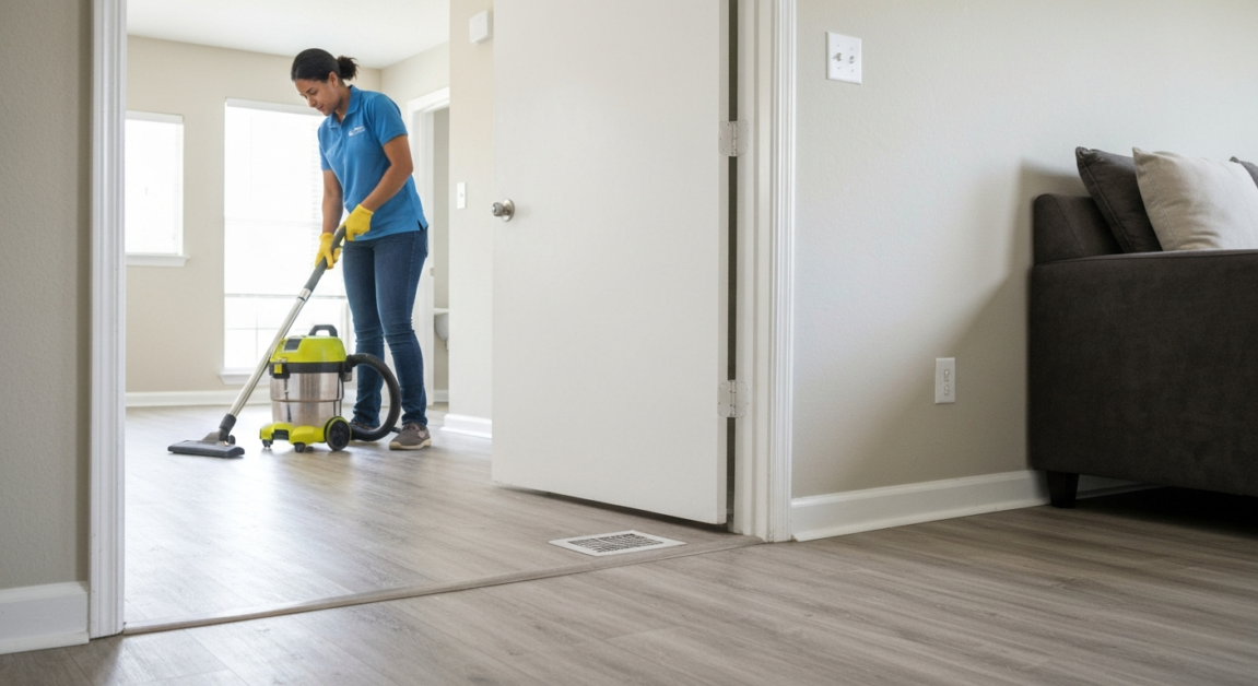 Cleaner vacuuming the floor near a vent in a rental property with a HEPA filter vacuum.