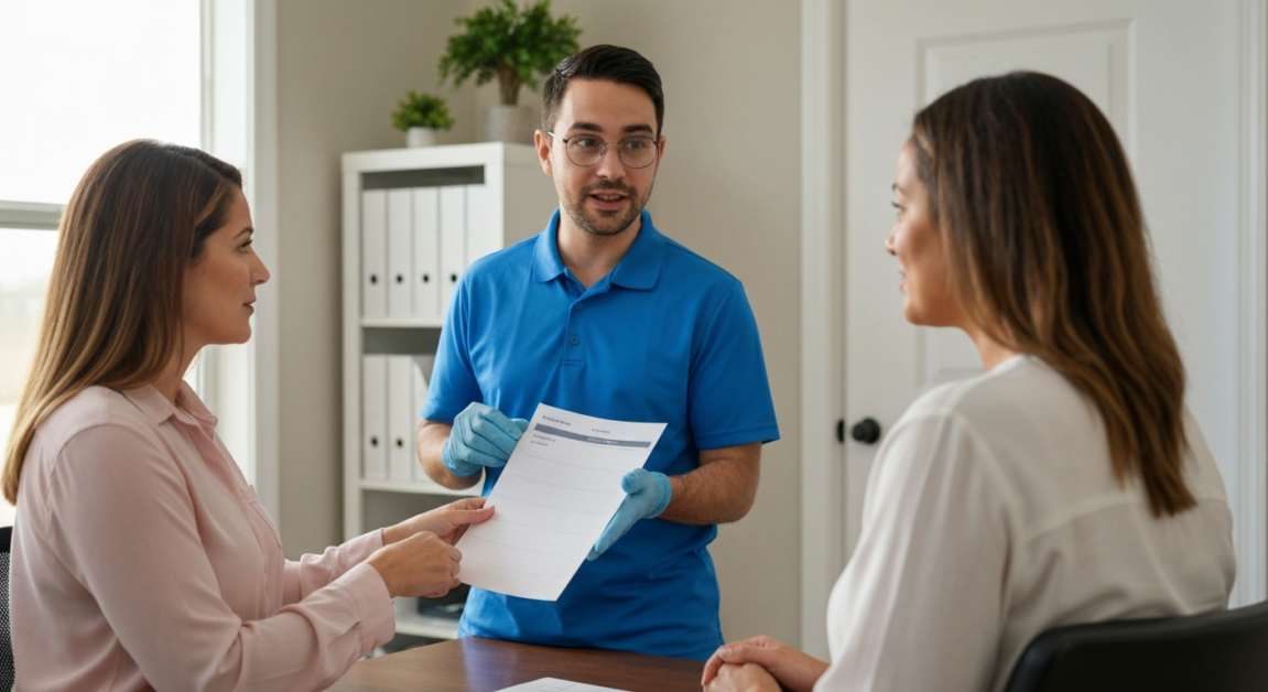 Homeowner consulting with a cleaning service representative in an Orlando home office.