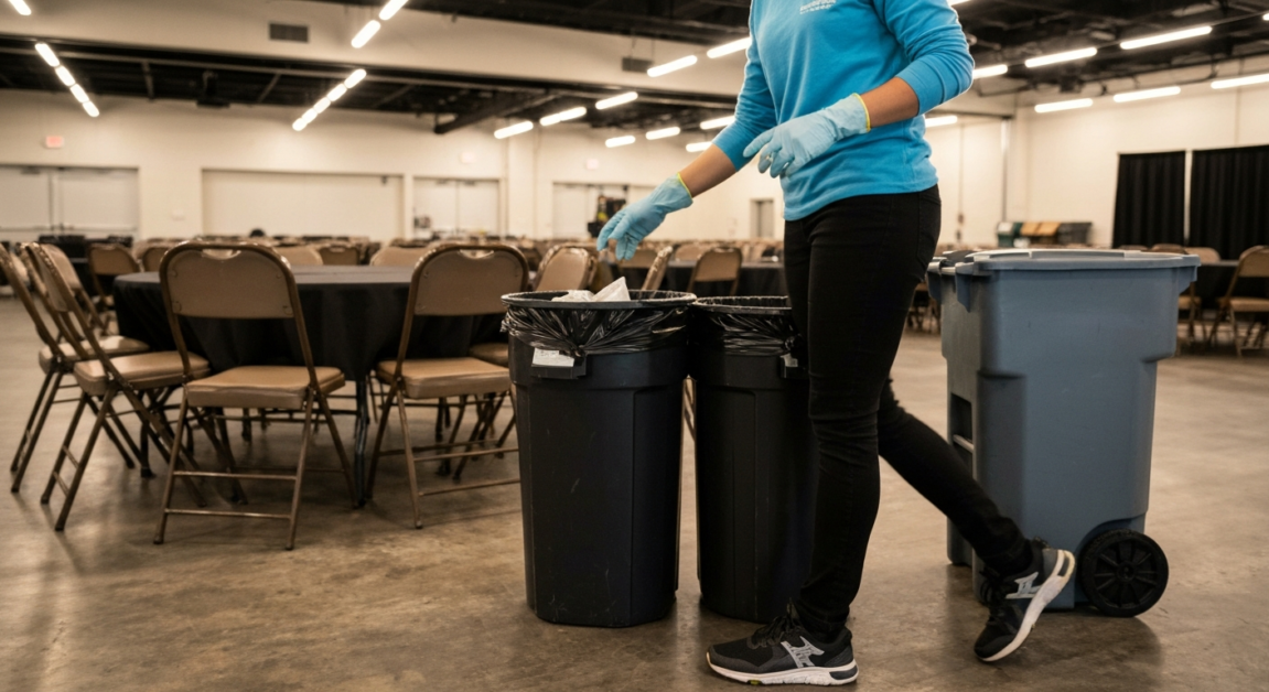 Professional cleaner in Orlando event space practicing eco-friendly waste removal with recycling bins.