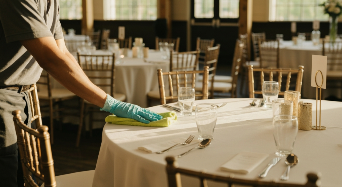 Professional cleaner in an Orlando event space sanitizing a table using a microfiber cloth.