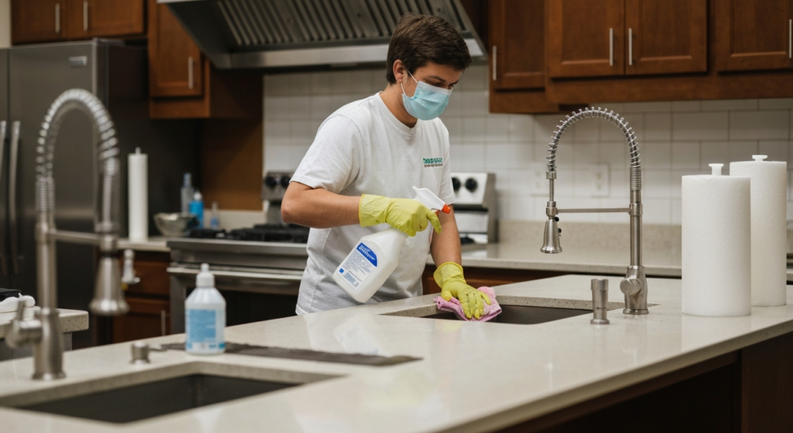 Professional cleaner sanitizing a kitchen countertop in an Orlando event venue with spray and cloth.