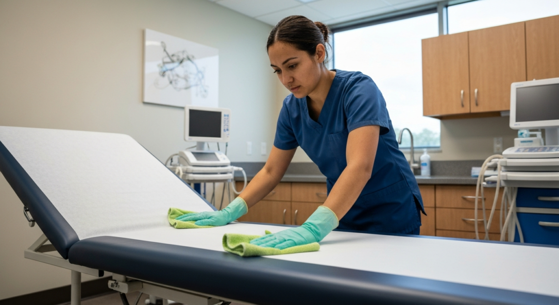 Cleaner in an Orlando medical office sanitizing an exam table.