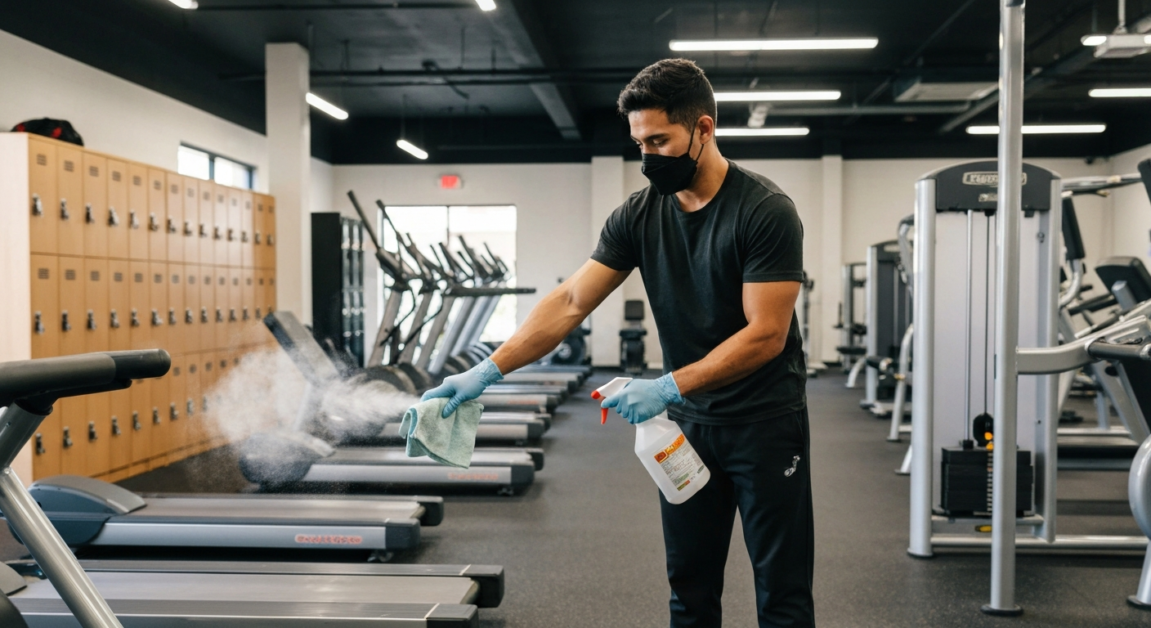 Sanitizing gym equipment in an Orlando fitness facility.