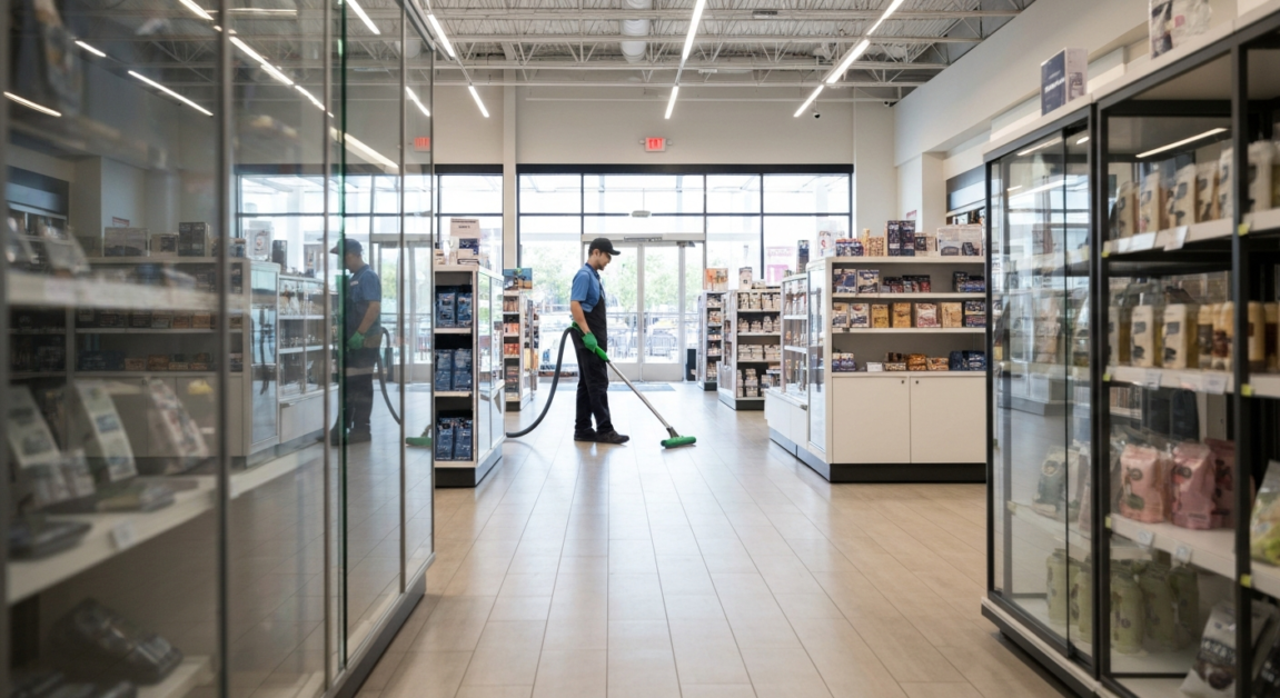 Cleaner vacuuming a showroom floor in an Orlando retail store.