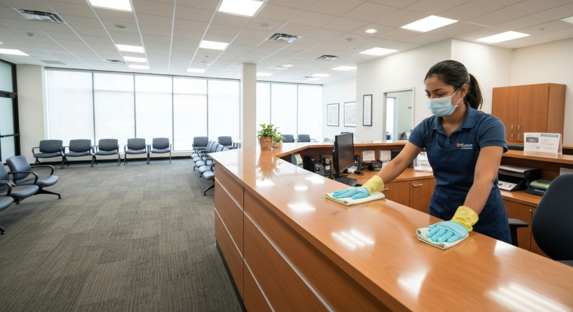 Professional cleaner sanitizing a reception desk in a client-facing Orlando office.