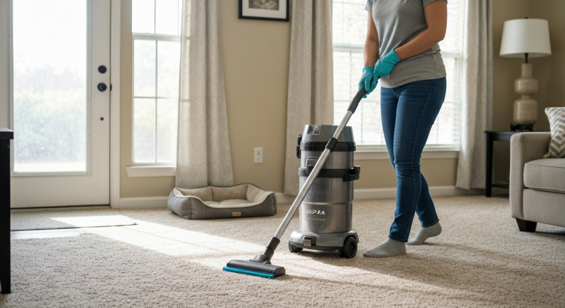 HEPA vacuum cleaner in use by a professional in an Orlando living room to remove pet hair