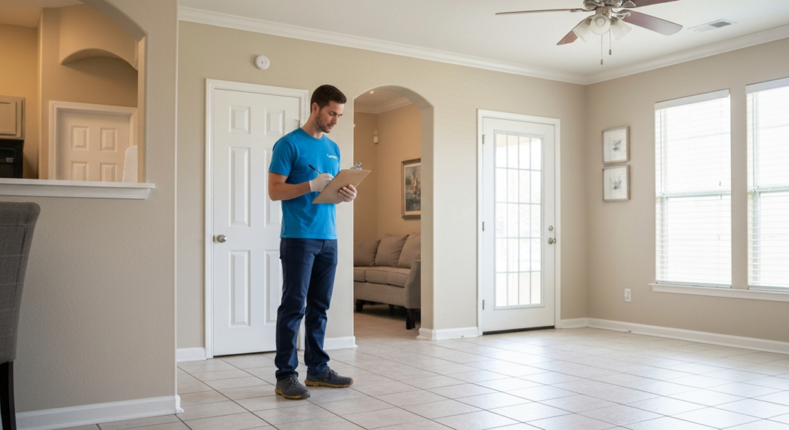 Professional cleaner assesses Orlando home during initial consultation walkthrough