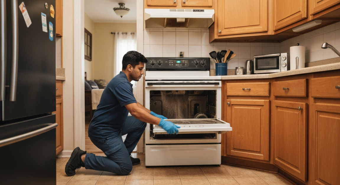 Professional cleaner deep cleaning behind a stove in an Orlando kitchen