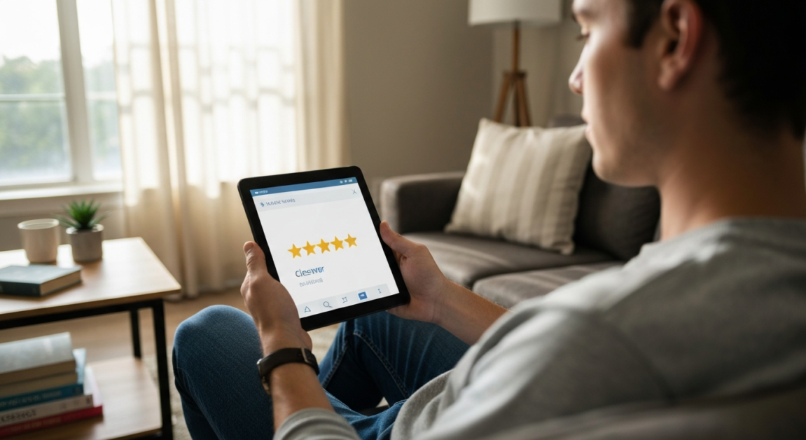 Person reviewing Orlando cleaning service ratings on a tablet in a living room