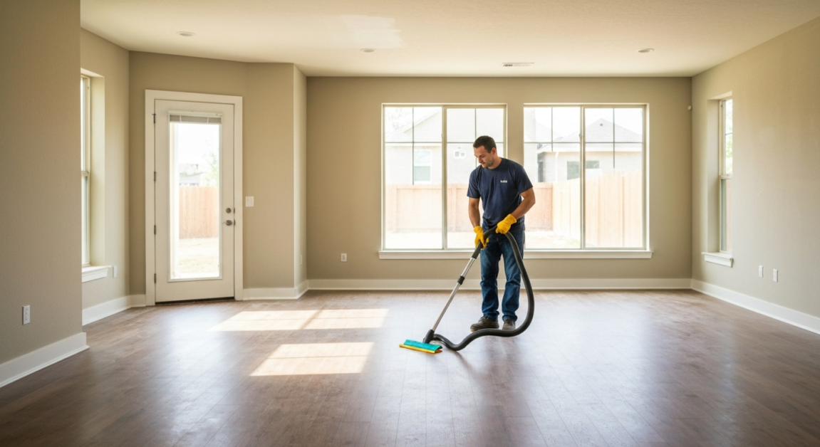 Professional cleaner using HEPA vacuum on construction dust in Orlando living room